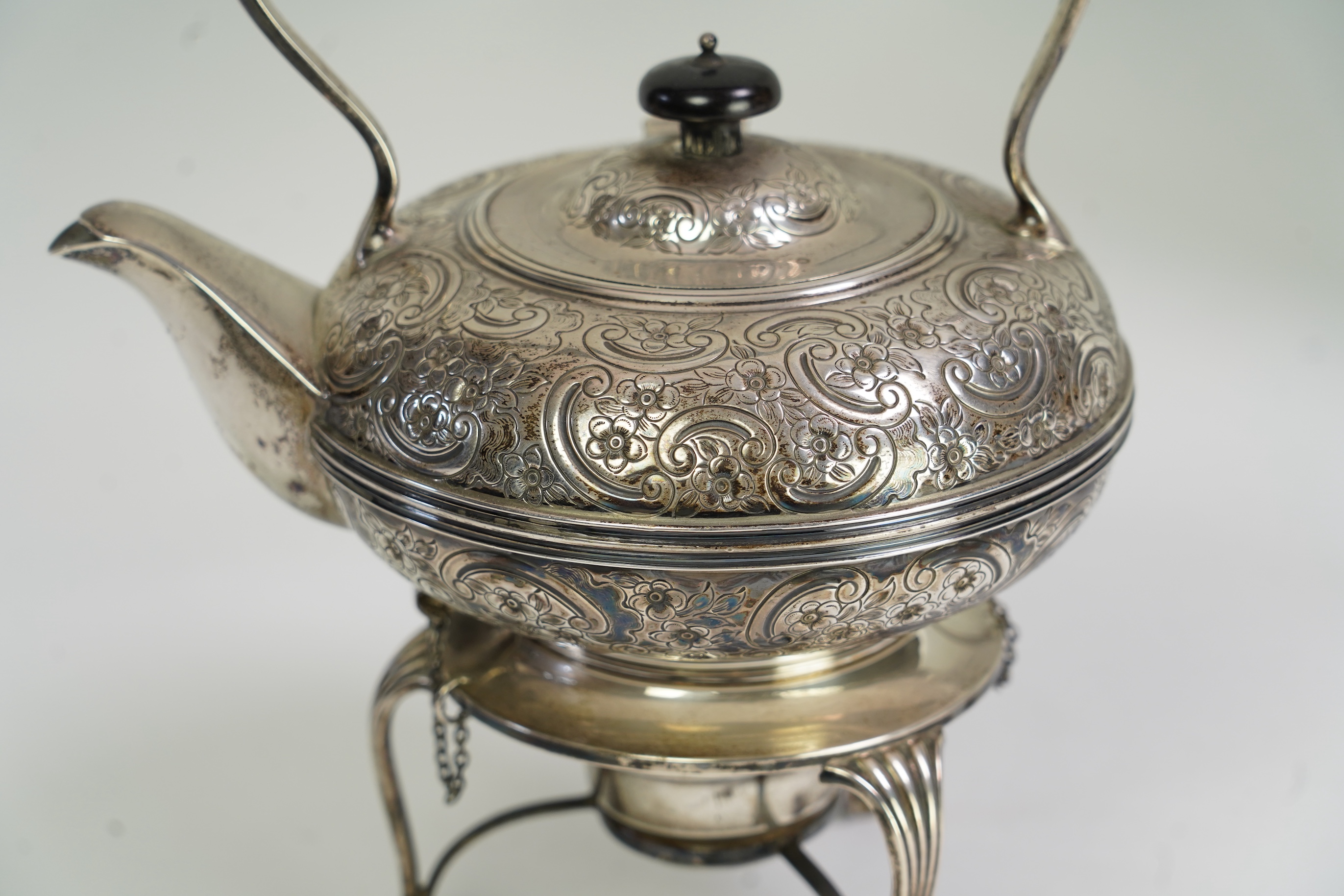 A George V silver spirit kettle, on stand with burner, by Fordham & Faulkner